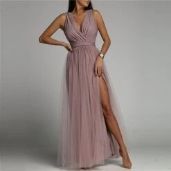 Women‘s Prom Party Dress Wedding Guest Sheath Dress Swing Dress Long Dress Maxi Dress Pink Purple Sleeveless Pure Color Mesh Winter Fall Spring V Neck Fashion Evening Party Slim 2023 S M L XL -Tesla Style mjbmdh1671515385325