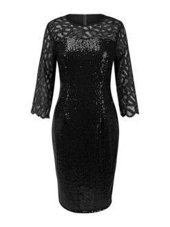 Women‘s Party Dress Sequin Dress Cocktail Dress Midi Dress Black Wine Dark Green 3/4 Length Sleeve Pure Color Sparkly Glitter Sequins Spring Fall Winter Crew Neck Fashion Wedding Guest Birthday -Tesla Style mjftnj1691659614264