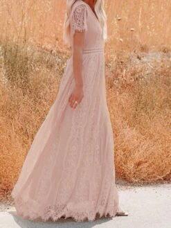 Women's Party Dress Lace Dress White Dress Long Dress Maxi Dress White Pink Half Sleeve Pure Color Lace Summer Spring Fall V Neck Gothic Party Spring Dress 2022 S M L XL XXL -Tesla Style mjgqdd1646820794981