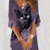 Women's Casual Sweater Dress Shift Sweater Dress Mini Sweater Dress Purple 3/4 Length Sleeve Animal Print Winter Fall Spring V Neck Fashion Daily Loose Fit 2023 S M L XL XXL 3XL -Tesla Style mjmoyh1670900514526