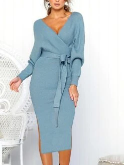 Women's Sweater Dress Winter Dress Jumper Dress Midi Dress Lace Up Split Daily Date Going Out Active Fashion V Neck Long Sleeve 2023 Regular Fit Black Yellow Fuchsia Color S M L XL XXL Size -Tesla Style mjpxkp1692857083734