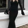Women's Sweater Dress Winter Dress Jumper Dress Long Dress Maxi Dress Ruched Street Daily Holiday Fashion Streetwear V Neck Long Sleeve 2023 Regular Fit Black Color S M L Size