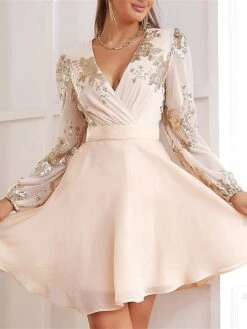 Women‘s Party Dress Homecoming Dress Cocktail Dress Mini Dress Black White Wine Long Sleeve Floral Sequins Sparkly Glitter Spring Fall Winter V Neck Fashion Wedding Guest Birthday Vacation Slim -Tesla Style mkxroc1692682913099