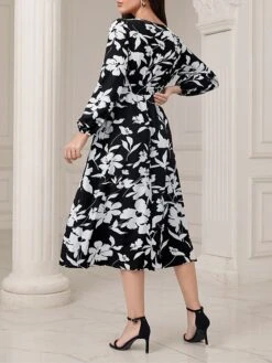 Women's Work Dress Casual Dress Swing Dress Fashion Winter Dress Daily Midi Dress Ruched Print V Neck Long Sleeve Floral Loose Fit Black Fall Winter S M L XL -Tesla Style mlgcxm1695645235602