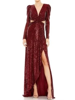Women's Prom Dress Party Dress Sequin Dress Long Dress Maxi Dress Wine Long Sleeve Pure Color Sequins Fall Winter Autumn Deep V Fashion Wedding Guest Evening Party Vacation 2023 S M L XL