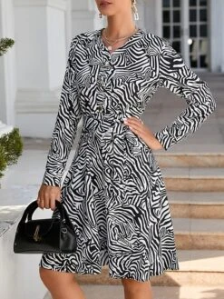 Women's Work Dress Semi Formal Dress A Line Dress Fashion Mini Dress Lace Up Button V Neck Long Sleeve Leopard Color Block Regular Fit Black White Red Fall S M L XL XXL -Tesla Style mlxxns1693300599727