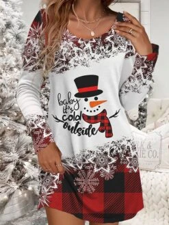 Women‘s Christmas Work Dress Casual Dress Fashion Winter Dress Daily Mini Dress Print Crew Neck Long Sleeve Santa Claus Elk Loose Fit White Wine Rusty Red Fall Winter S M L XL XXL