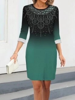 Women's Work Dress Casual Dress Sheath Dress Fashion Winter Dress Office Daily Midi Dress Print Crew Neck 3/4 Length Sleeve Floral Ombre Regular Fit Blue Purple Green Fall Winter S M L XL XXL -Tesla Style mmcxwf1695350902668