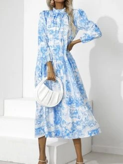 Women's Work Dress Swing Dress Semi Formal Dress Fashion Midi Dress Print Stand Collar Long Sleeve Floral Loose Fit Red Blue Green Fall S M L XL XXL -Tesla Style mmuxyq1693300613017