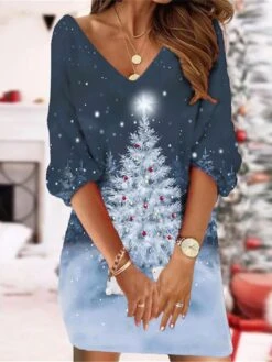 Women's Christmas Sweatshirt Dress Shift Dress Sweat Dress Mini Dress Wine Light Red Dusty Blue 3/4 Length Sleeve Santa Claus Print Winter Fall Autumn V Neck Fashion 2022 S M L XL XXL 3XL -Tesla Style mnbdih1667992205652
