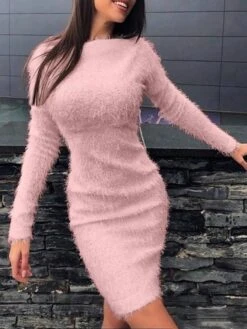 Women‘s Sweater Dress Winter Dress Sheath Dress Pink Khaki Light Blue Gray White Long Sleeve Pure Color Winter Fall Crew Neck Boho Casual S M L XL XXL 3XL -Tesla Style mnkhiw1603776778237