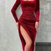 Women's Party Dress Wedding Wine Red Velvet Dress Midi Dress Blue Dark Green Dark Gray Black Long Sleeve Pure Color Ruched Split -Tesla Style mntudj1659610658762