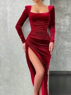 Women's Party Dress Wedding Wine Red Velvet Dress Midi Dress Blue Dark Green Dark Gray Black Long Sleeve Pure Color Ruched Split