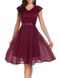 Women's Party Dress Lace Dress Cocktail Dress Midi Dress Pink Wine Navy Blue Short Sleeve Pure Color Lace Spring Fall Winter V Neck Fashion Winter Dress Wedding Guest Vacation 2023 S M L XL XXL