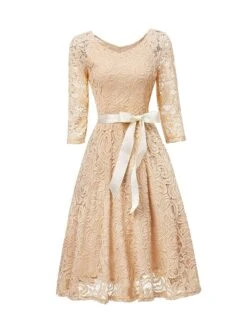 Women‘s Vintage Tea Dresses Party Dress Lace Dress Homecoming Dress Knee Length Dress Pink Wine Navy Blue 3/4 Length Sleeve Pure Color Lace Summer Spring Fall V Neck Classic Winter Dress -Tesla Style mnvaud1600920047752