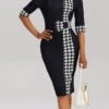 Women's Work Dress Sheath Dress Black Dress Fashion Office Daily Midi Dress Patchwork Print Crew Neck Half Sleeve Houndstooth Regular Fit Black Red Blue Fall Winter S M L XL XXL -Tesla Style mobich1694574587902