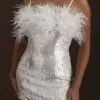 Women‘s Party Dress Sequin Dress Feather Dress Homecoming Dress Mini Dress White Sleeveless Pure Color Sparkly Glitter Sequins Spring Fall Winter Spaghetti Strap Fashion Winter Dress Wedding -Tesla Style moblas1692167812906