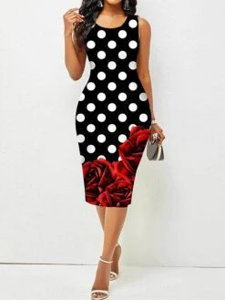 Women's Work Dress Sheath Dress Semi Formal Dress Fashion Midi Dress Print Crew Neck Sleeveless Polka Dot Color Block Regular Fit Yellow Summer Spring S M L XL XXL -Tesla Style modmoz1680487520537