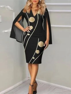 Women‘s Wedding Guest Dress Party Dress Cocktail Dress Midi Dress Black Long Sleeve Geometric Print Spring Fall Winter V Neck Party Office Vacation Summer Dress S M L XL 2XL 3XL -Tesla Style momngm1679297721483