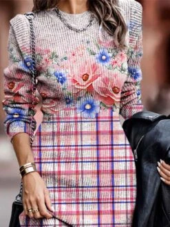 Women's Sweater Dress Winter Dress Jumper Dress Mini Dress Fashion Floral Plaid Outdoor Daily Date Going Out Crew Neck Long Sleeve Print 2023 Regular Fit Pink Purple S M L XL XXL 3XL -Tesla Style mosxxk1694153196651