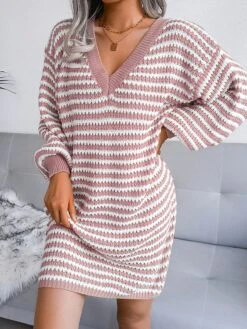 Women's Sweater Dress Jumper Dress Casual Dress Mini Dress Active Multicolor Outdoor Casual Daily Holiday V Neck Long Sleeve Patchwork 2023 Loose Fit Pink Blue Khaki S M L -Tesla Style mozoko1692947783873