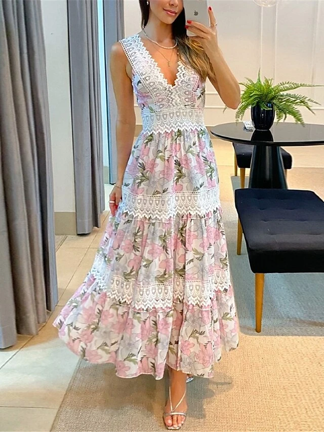 Women's Prom Dress Party Dress Lace Dress Long Dress Maxi Dress White Green Sleeveless Floral Lace Summer Spring Fall V Neck Fashion Evening Party Wedding Guest Vacation 2023 S M L XL 6 Women's Prom Dress Party Dress Lace Dress Long Dress Maxi Dress White Green Sleeveless Floral Lace Summer Spring Fall V Neck Fashion Evening Party Wedding Guest Vacation 2023 S M L XL - Image 4