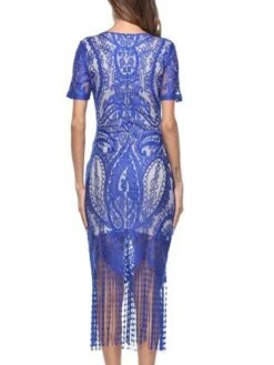 Women's Party Dress Fringe Dress Lace Dress Midi Dress Black Wine Blue Short Sleeve Floral Tassel Fringe Spring Fall Winter V Neck Fashion Birthday Wedding Guest Vacation 2023 S M L XL XXL -Tesla Style mphmnk1692859192253