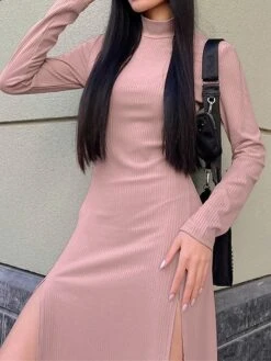 Women's Sweater Dress Jumper Dress Casual Dress Midi Dress Fashion Pure Color Outdoor Daily Vacation Going Out Turtleneck Long Sleeve 2023 Regular Fit Pink Green S M L -Tesla Style mpifbm1695643226903