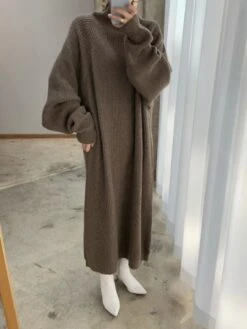 Women‘s Sweater Dress Winter Dress Casual Dress Maxi Dress Brown Apricot Grey Long Sleeve Pure Color Knit Winter Fall Turtleneck High Neck Stylish Casual Modern Fit 2022 One-Size -Tesla Style mpmxsc1664440417922