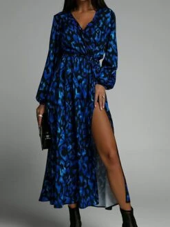 Women's Work Dress Casual Dress Swing Dress Fashion Office Daily Workfashion Midi Dress Split Print V Neck Long Sleeve Leopard Print Loose Fit Blue Brown Green Fall Winter S M L XL XXL -Tesla Style mppafr1695030985192