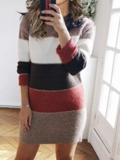 Women‘s Sweater Dress Winter Dress Casual Dress Shift Dress Midi Dress Red Blue Brown Long Sleeve Color Block Knit Fall Winter Autumn Turtleneck Mature Outdoor Daily Loose Fit 2023 S M L XL XXL 3XL -Tesla Style mprchm1664516103076