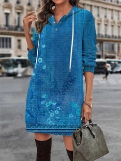 Women's Casual Dress Hoodie Dress Mini Dress Warm Fashion Outdoor Vacation Going Out Hoodie Pocket Print Floral Regular Fit Blue Purple Green S M L XL XXL -Tesla Style mpshdk1695027777903