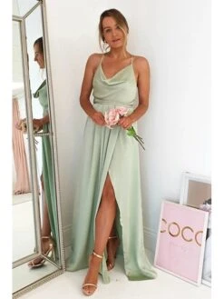 Women's Prom Dress Party Dress Satin Dress Long Dress Maxi Dress Light Green Wine Sleeveless Pure Color Split Summer Spring Fall Spaghetti Strap Fashion Party Birthday Evening Party 2023 S M L XL -Tesla Style mpuiko1671775304144