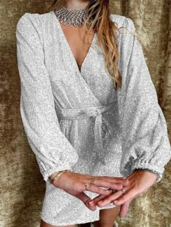 Women‘s Party Dress Sequin Dress Homecoming Dress Cocktail Dress Mini Dress Black White Champagne Long Sleeve Pure Color Sparkly Glitter Lace Up Fall Winter Autumn V Neck Wedding Guest -Tesla Style mqkumg1694592553888