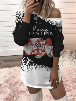 Women‘s Christmas Casual Dress Sweatshirt Dress Mini Dress Warm Fashion Outdoor Holiday Crew Neck Print Animal Santa Claus Tree Loose Fit Black White Burgundy S M L XL XXL -Tesla Style mrowcu1694156786373