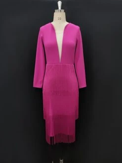 Women's Semi Formal Party Dress Fringe Dress Midi Dress Pink Long Sleeve Pure Color Tassel Fringe Winter Fall Autumn V Neck Stylish Winter Dress Fall Dress 2023 S M L XL XXL -Tesla Style msaloj1676622538364