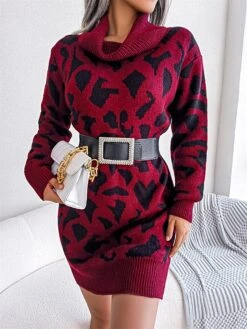 Women's Sweater Dress Jumper Dress Casual Dress Mini Dress Fashion Leopard Outdoor Daily Going Out Turtleneck Long Sleeve 2023 Loose Fit Black Wine Khaki S M L -Tesla Style mshndq1694756291469