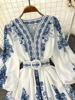 Women's Work Dress Semi Formal Dress A Line Dress Fashion Midi Dress Print V Neck Long Sleeve Floral Regular Fit Blue Summer Spring S M L XL -Tesla Style msmkrp1690857094927