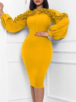 Women's Party Dress Work Dress Bodycon Midi Dress Black Yellow Red Long Sleeve Pure Color Ruffle Spring Fall Winter V Neck Elegant Slim 2023 S M L XL 2XL -Tesla Style mtbytx1669704881418
