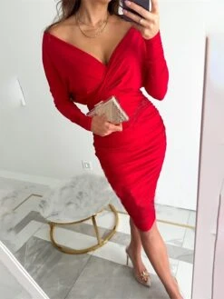 Women's Party Dress Work Dress Bodycon Mini Dress Black Pink Red Long Sleeve Pure Color Ruched Fall Winter Autumn V Neck Stylish Vacation Loose Fit 2023 S M L XL XXL -Tesla Style mtvapw1667470610884