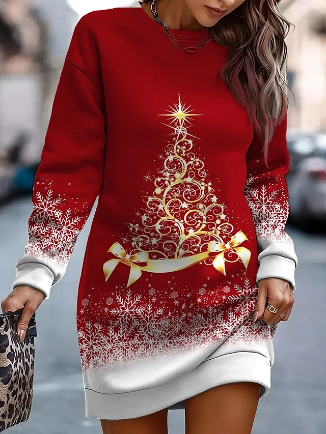 Women‘s Christmas Casual Dress Sweatshirt Dress Mini Dress Warm Fashion Outdoor Holiday Crew Neck Print Tree Loose Fit Burgundy Blue Brown S M L XL XXL 4 Women‘s Christmas Casual Dress Sweatshirt Dress Mini Dress Warm Fashion Outdoor Holiday Crew Neck Print Tree Loose Fit Burgundy Blue Brown S M L XL XXL - Image 2