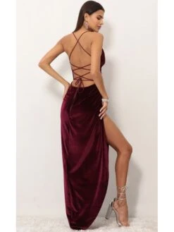 Women‘s Party Dress Wedding Guest Dress Velvet Dress Red Long Dress Maxi Dress Purple Red Wine Sleeveless Pure Color Lace Up Split Velvet Spring Summer Spaghetti Strap Elegant Sexy Slim S M L XL XXL -Tesla Style mtyggb1625643730201