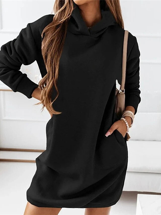 Women‘s Hoodie Dress Winter Dress Knee Length Dress Black Khaki Brown Long Sleeve Fall Solid Color Patchwork Winter Casual Loose S M L XL XXL XXXL 4 Women‘s Hoodie Dress Winter Dress Knee Length Dress Black Khaki Brown Long Sleeve Fall Solid Color Patchwork Winter Casual Loose S M L XL XXL XXXL - Image 2