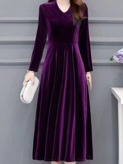 Women‘s Party Dress Wedding Guest Dress Velvet Dress Work Dress Midi Dress Black Wine Royal Blue Long Sleeve Pure Color Ruched Winter Fall Spring V Neck Fashion Spring Dress 2023 M L XL 2XL 3XL 4XL -Tesla Style mukubq1671789630086