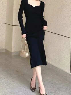 Women's Sweater Dress Jumper Dress Casual Dress Midi Dress Fashion Pure Color Outdoor Daily Vacation Going Out V Neck Long Sleeve Patchwork 2023 Regular Fit Black Pink Blue S M -Tesla Style muuvcw1695268442268