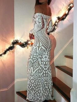 Women‘s Prom Dress Party Dress Sequin Dress Long Dress Maxi Dress Black White Wine Long Sleeve Pure Color Sparkly Glitter Sequins Spring Fall Winter Off Shoulder Fashion Winter Dress Wedding -Tesla Style mvajre1692872429189