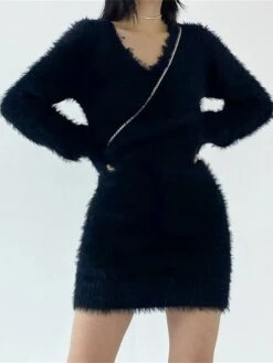 Women's Sweater Dress Winter Dress Jumper Dress Mini Dress Ruched Outdoor Street Daily Active Fashion V Neck Long Sleeve 2023 Slim Black Brown Color S M L Size -Tesla Style mvinex1692862196859