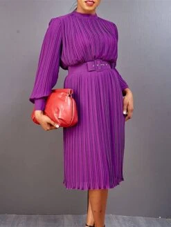 Women's Work Dress Casual Dress Black Dress Fashion Office Daily Workfashion Midi Dress Lace Up Pleated Crew Neck Long Sleeve Plain Regular Fit Black White Red Fall Winter S M L XL XXL -Tesla Style mvqiio1695645188508