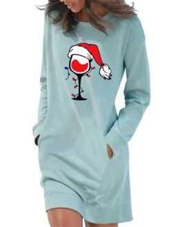 Women‘s Christmas Hoodie Dress Winter Dress Light Blue Grey White Long Sleeve Hat Pocket Print Winter Fall Crew Neck Stylish Casual Fall Dress Loose Fit 2022 S M L XL 2XL / Cotton -Tesla Style mvqlwu1666175053095