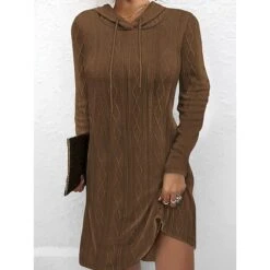 Women's Sweater Dress Winter Dress Jumper Dress Mini Dress Lace Up Ribbed Street Daily Holiday Fashion Modern Hooded Long Sleeve 2023 Loose Fit Dark Brown Pea Green Black Color S M L XL 2XL Size -Tesla Style mvuhkn1692162749102